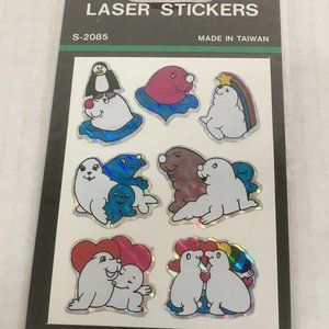 Vintage cute white seal animal laser stickers in original package